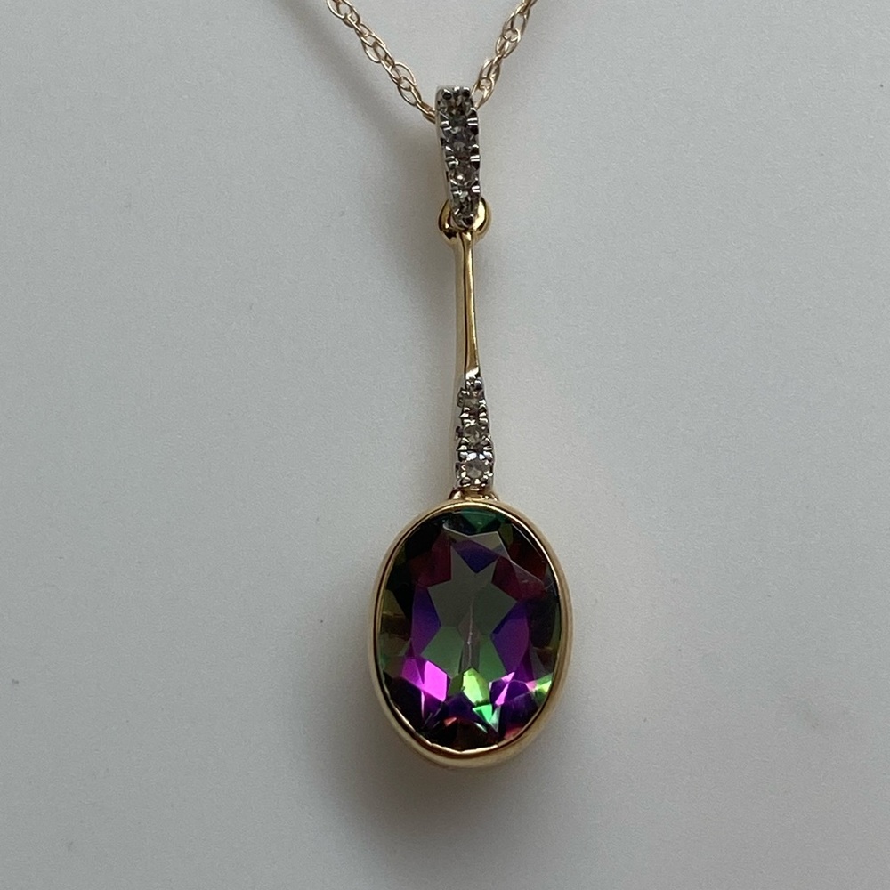 10K Yellow Gold Bezel Set Mystic Topaz and 0.05ct Diamond Pendant with Chain NEW